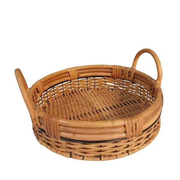 Basket Wicker Rattan Bamboo Woven Tray Basket With Handles - Picture 1 of 8